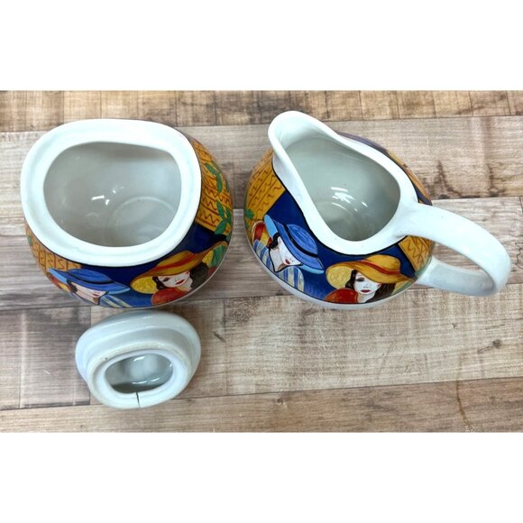 Hand-Painted Ceramic Creamer & Sugar Set With Colorful Lady Design - Unique & Fu - Picture 6 of 9
